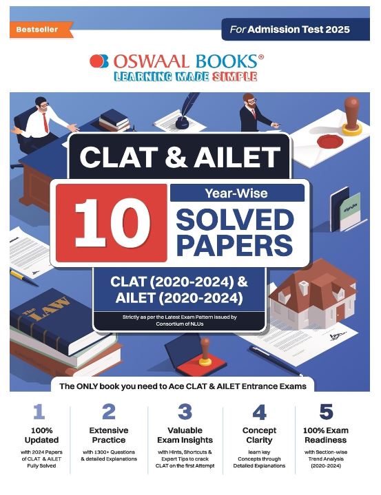 Oswaal CLAT & AILET 10 Previous Years Solved Papers - Year-Wise CLAT (2020 -2024) & AILET (2020 - 2024) For Admission Test 2025